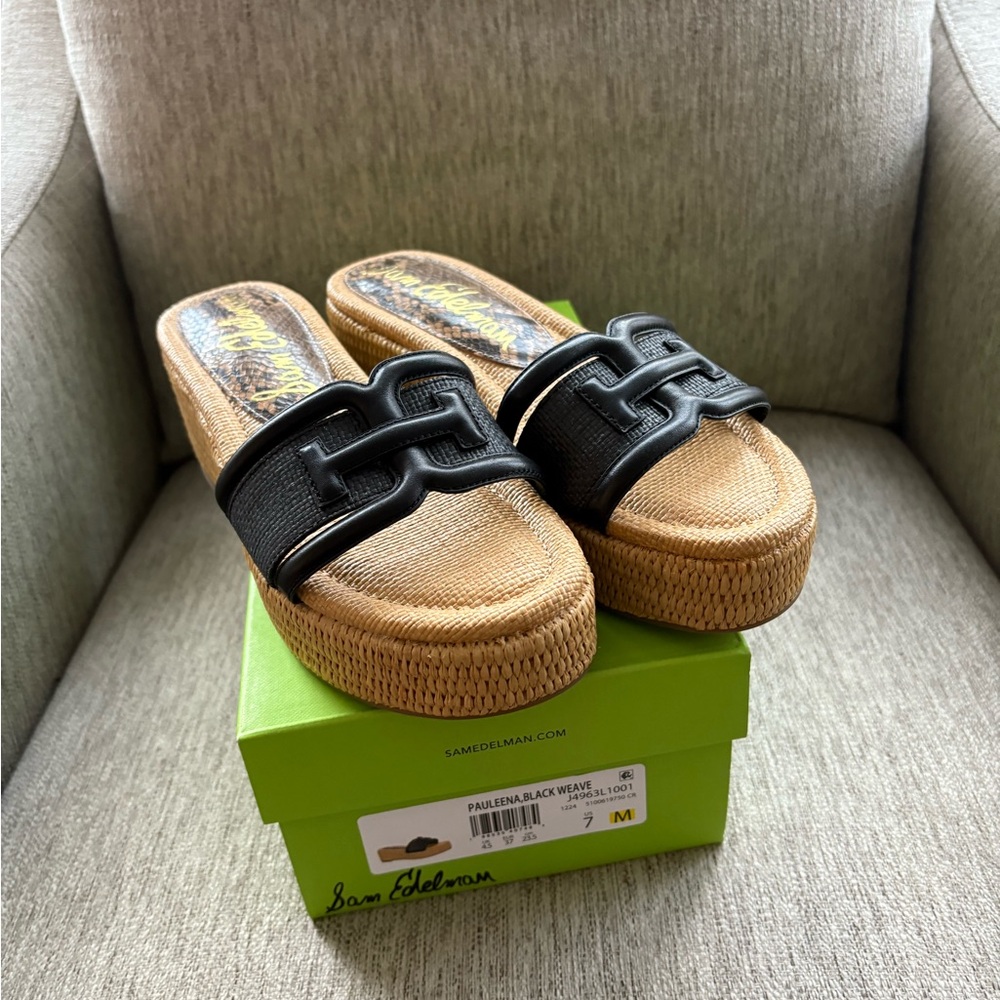 Sam Edelman Black and Tan Woven Mules